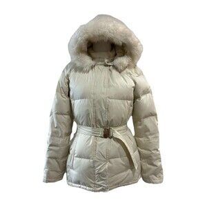 GAP Women’s Hooded Belted Down Puffer Jacket Coat Ivory Faux Fur Trim Small